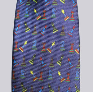 Adult Size, Navy Chess Pieces, 100% Silk Twill Tie