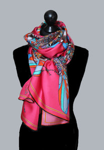 Pink Funky Fly Design,100%Silk Twill, Long Rectangular Scarf