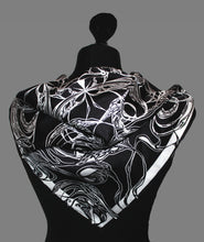 Windy Day, Black and White, 100% Silk Twill, 70cm Square