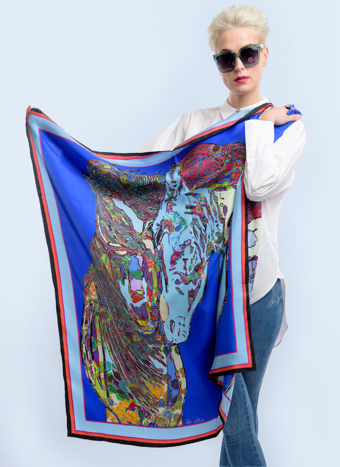 Horses in Love in Royal Blue,1 00% Silk Twill, 110cm Square