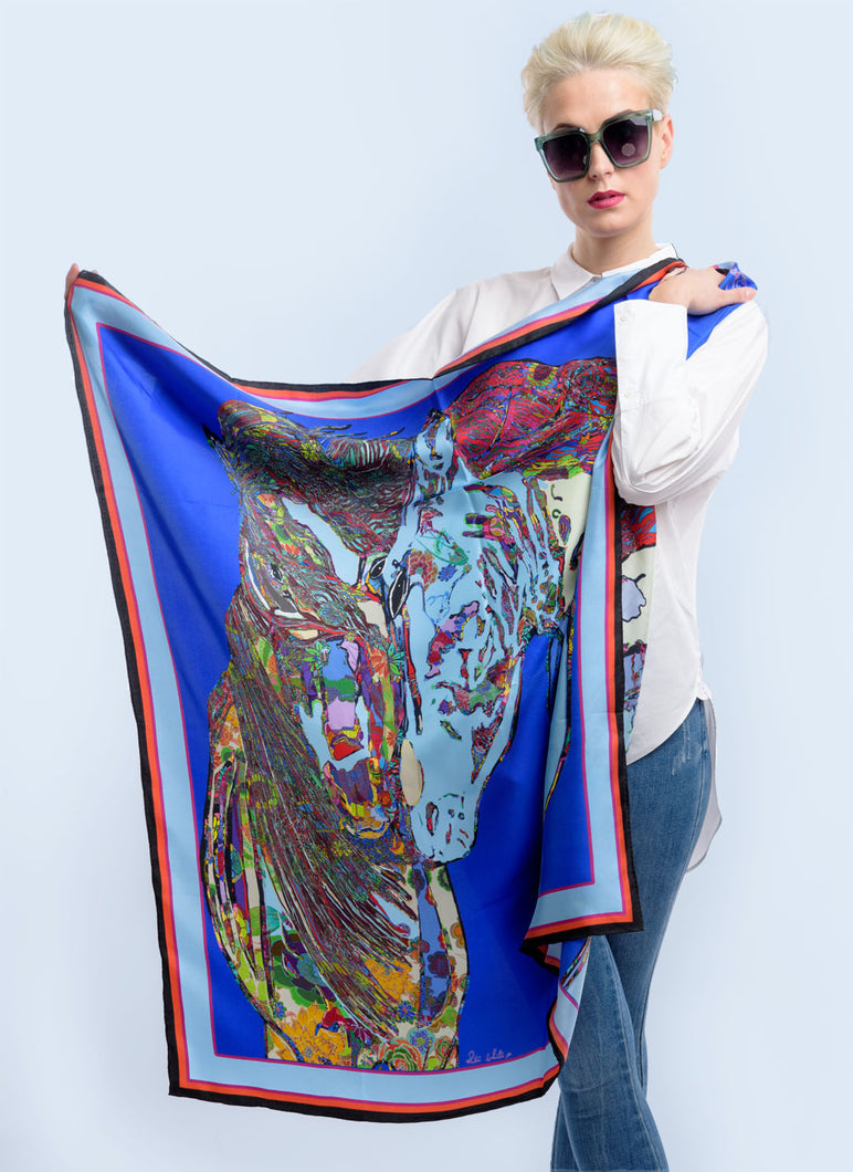 Horses in Love in Royal Blue,1 00% Silk Twill, 110cm Square