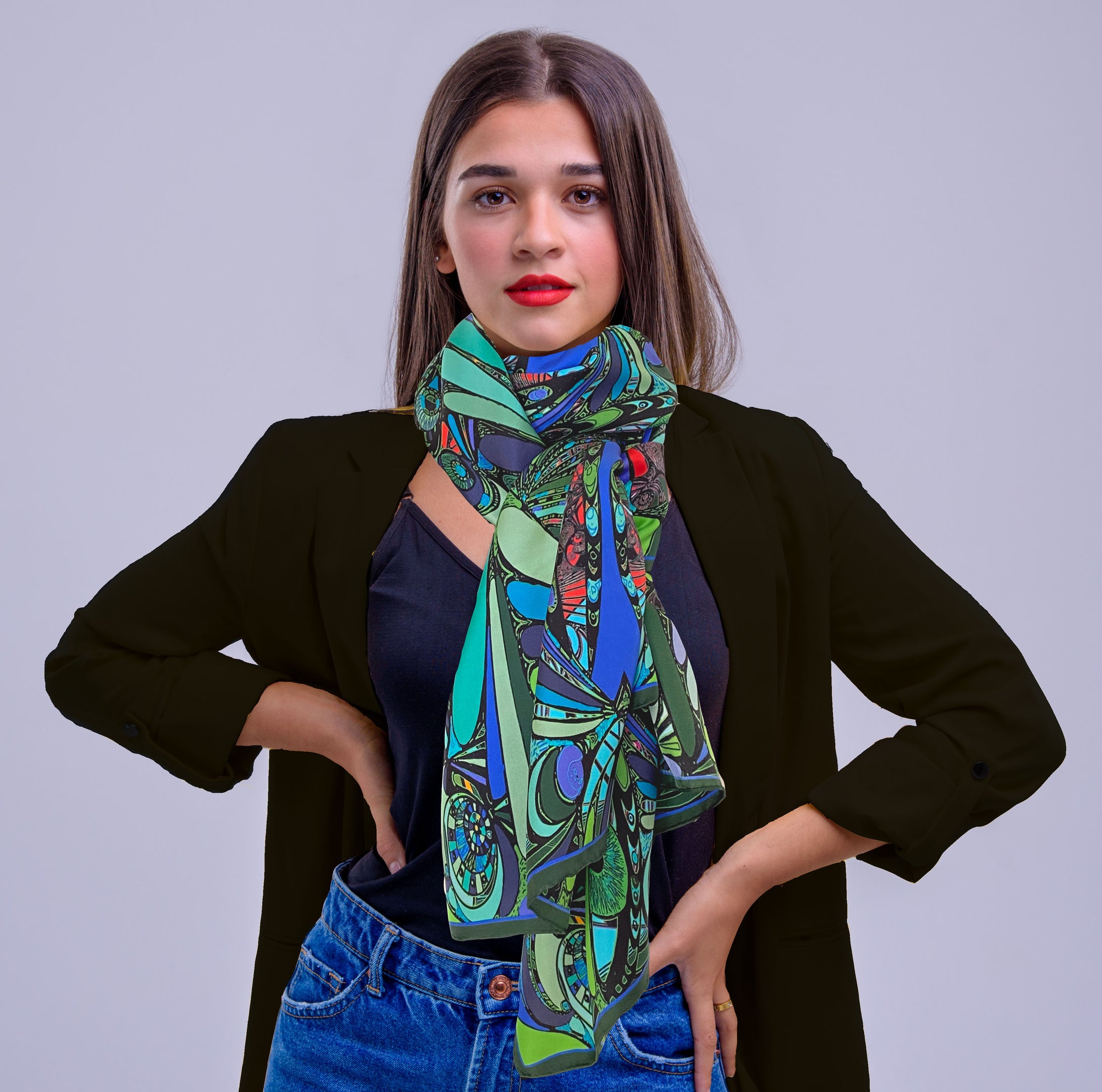 Blue /Green Universe, 100% Silk Twill, Long Rectangular Scarf