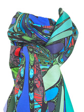 Blue /Green Universe, 100% Silk Twill, Long Rectangular Scarf