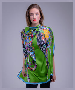 Green Gallop Silk Scarf, 110cm Square