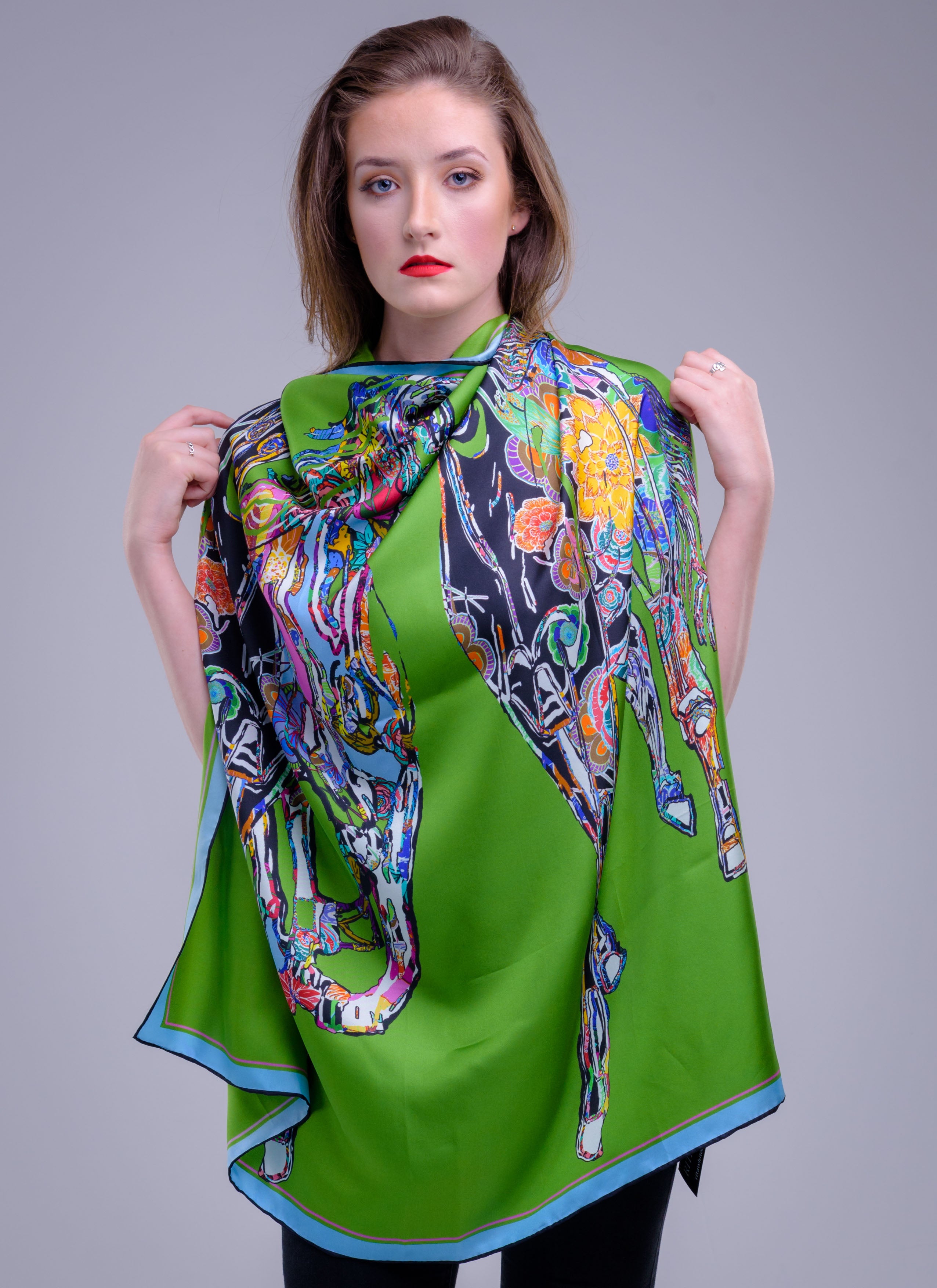 Green Gallop Silk Scarf, 110cm Square