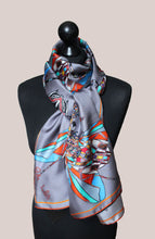 Grey Funky Fly Design,100% Silk Twill, Long Rectangular Scarf