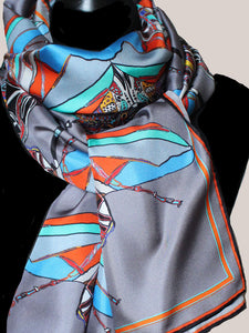 Grey Funky Fly Design,100% Silk Twill, Long Rectangular Scarf