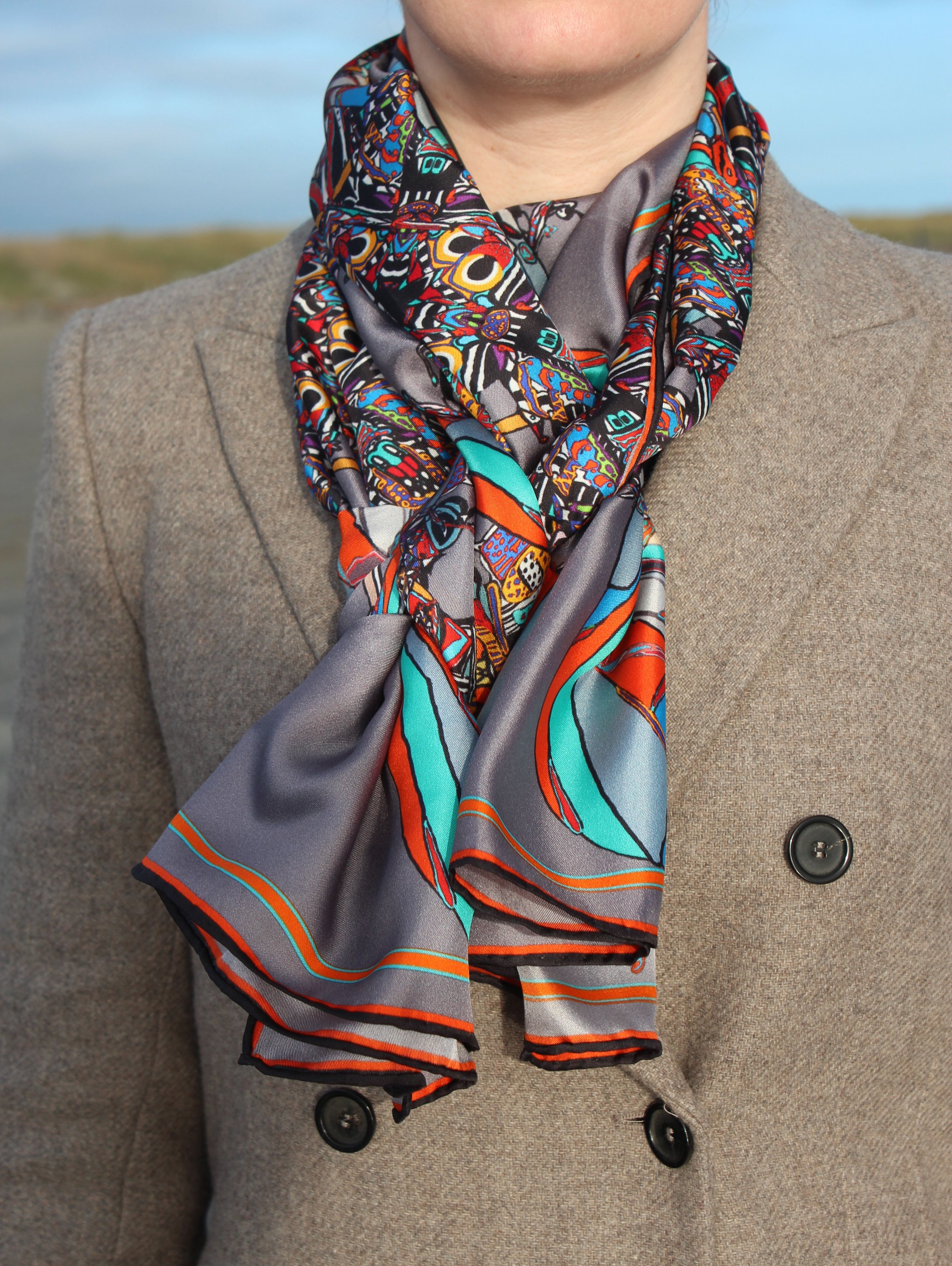 Grey Funky Fly Design,100% Silk Twill, Long Rectangular Scarf