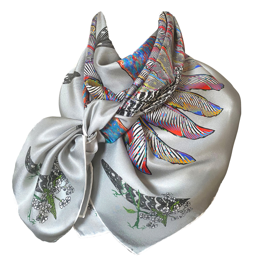 Proud Peacock Feathers in Grey, 100% Silk Scarf , Large Square