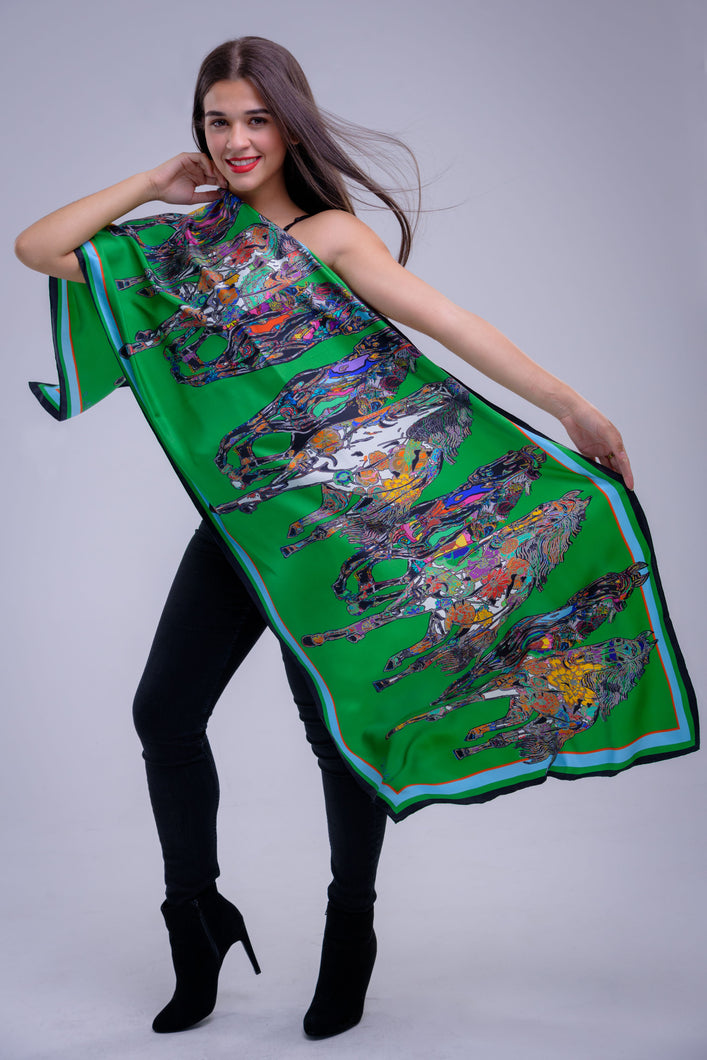 Galloping Horses in Kelly Green. Long Silk Scarves