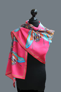 Pink Funky Fly Design,100%Silk Twill, Long Rectangular Scarf