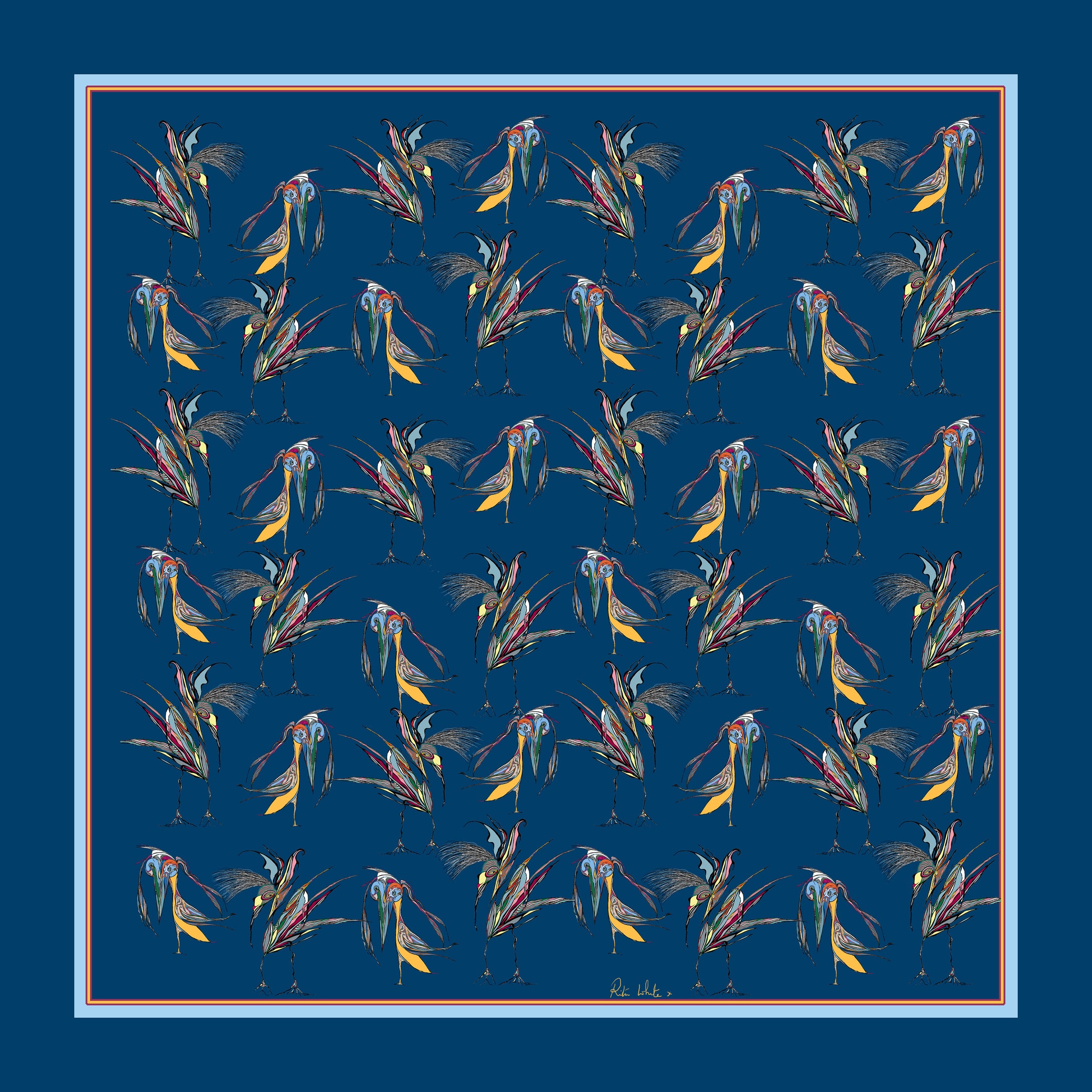 100% Silk Pocket Square in Navy Birds Pattern