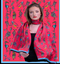 Red Birds Wearing Shoes, 100% Silk Twill, Long Rectangular Scarf