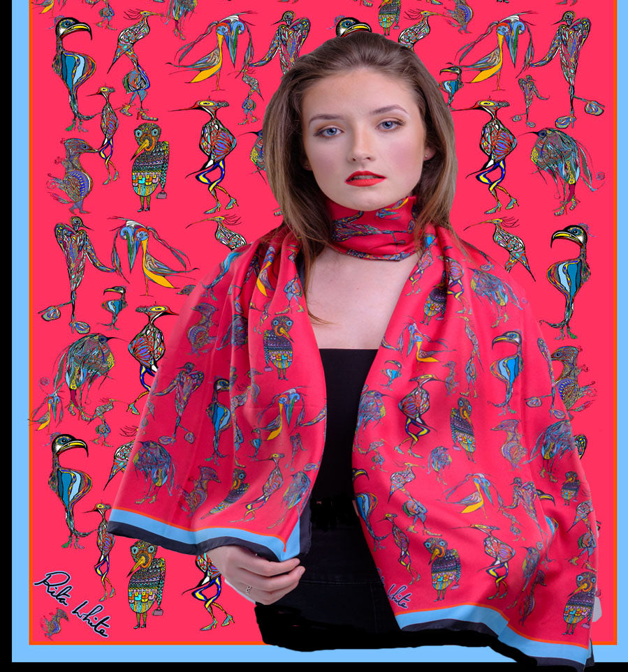 Red Birds Wearing Shoes, 100% Silk Twill, Long Rectangular Scarf