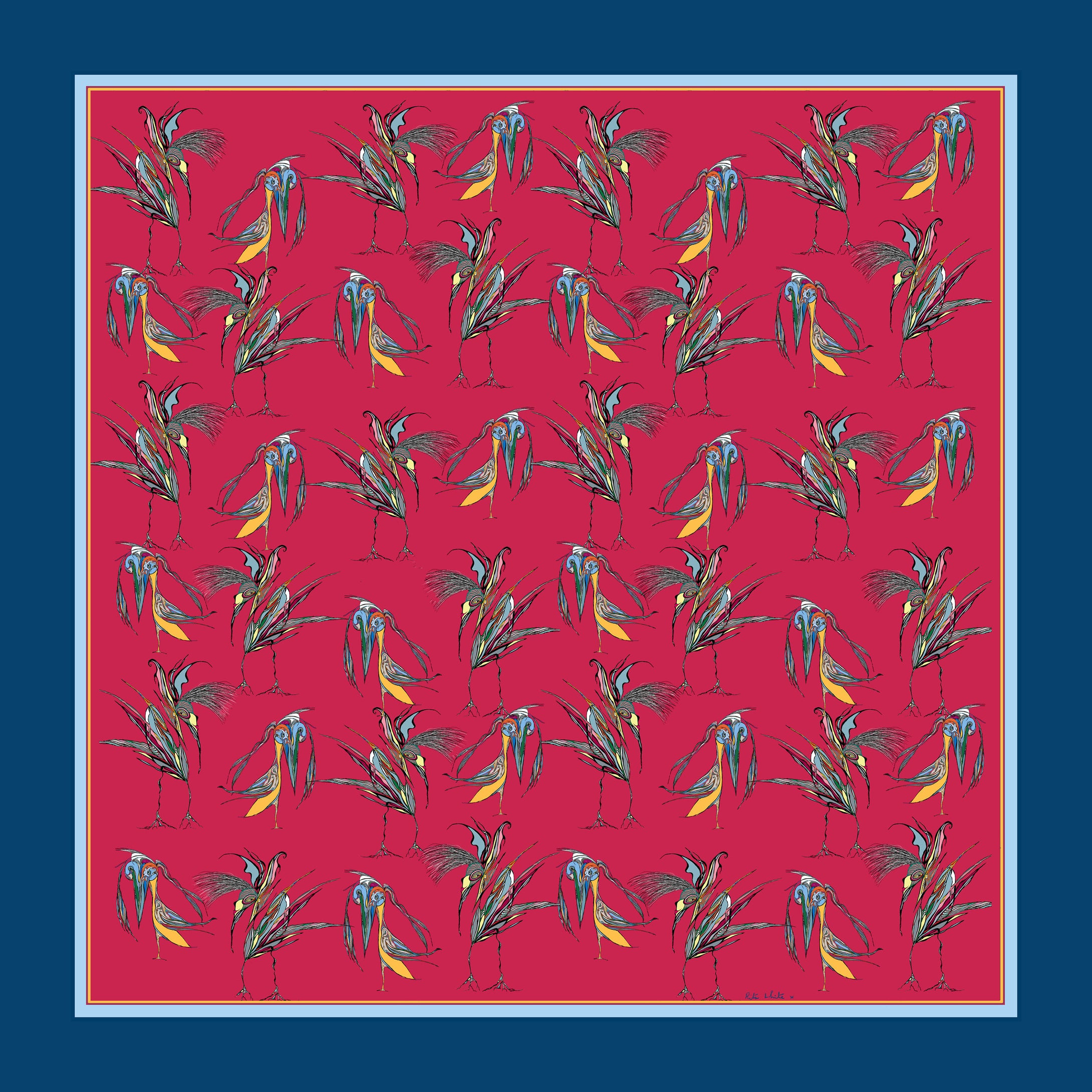 100% Silk Pocket Square in Red Birds Pattern