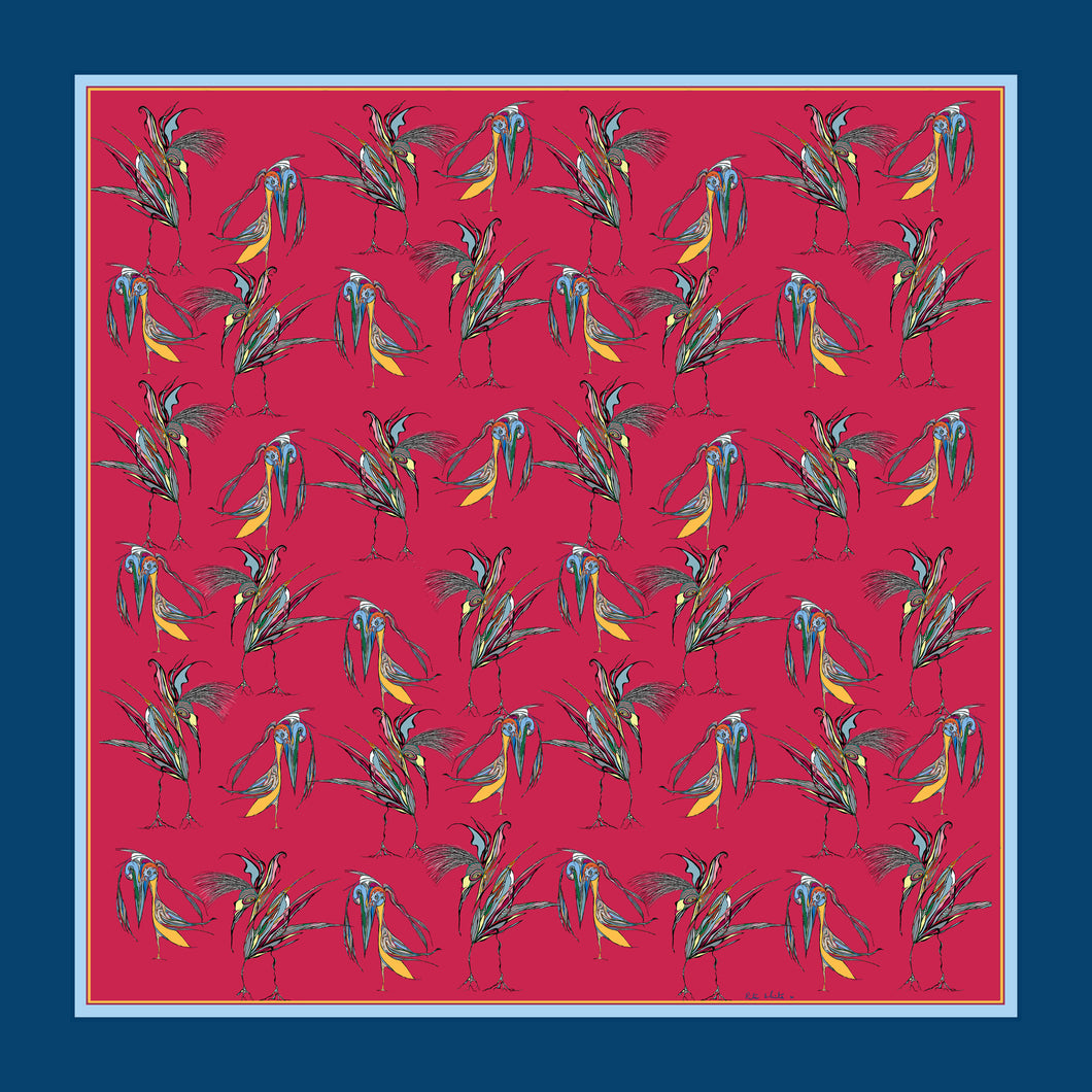 100% Silk Pocket Square in Red Birds Pattern