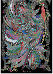 The Proud Peacock in Black. Long Silk Scarves