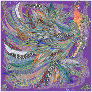 Proud Peacock Feathers in Light Purple, 100% Silk Scarf, Large Square