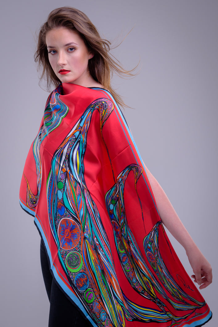 Red Bowing Birds, 100% Silk Twill, Long Rectangular Scarf