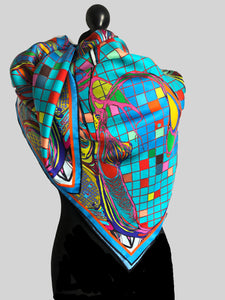 Teal Squares, Silk Scarf